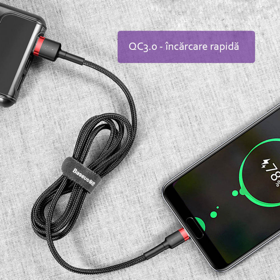 Cablu de date USB la Type-C 2A, 2m, Baseus (CATKLF-CG1) - Gri Negru - 2 | YEO