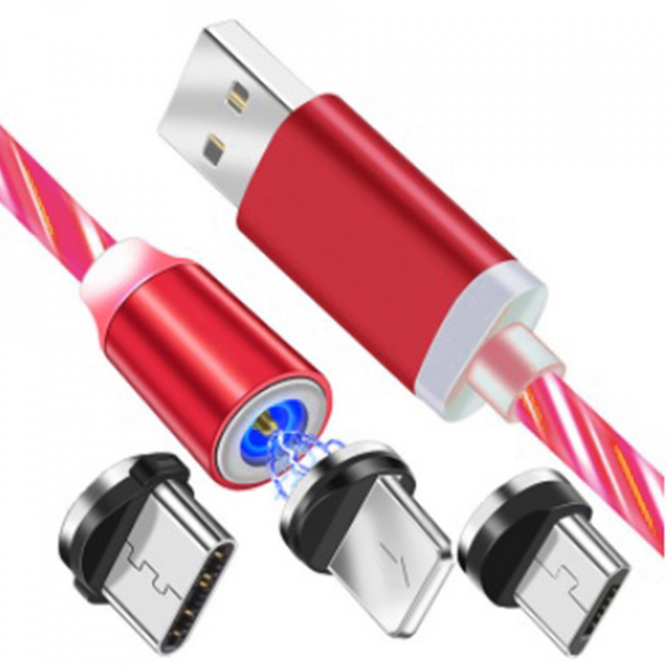 Cablu de Incarcare 3in1, Magnetic, LED Flowing, 1M - Rosu - 1 | YEO