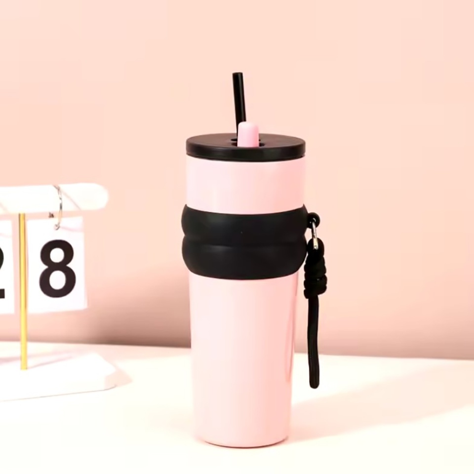 Cana termos, Cu pai, BPA-FREE, Rezistent la rugina si la scurgeri, Reutilizabil, Bauturi calde si reci, Pentru apa, ceai sau cafea, smoothie si multe altele, Otel inoxidabil, 710ml, THM7 - Roz - 1 | YEO