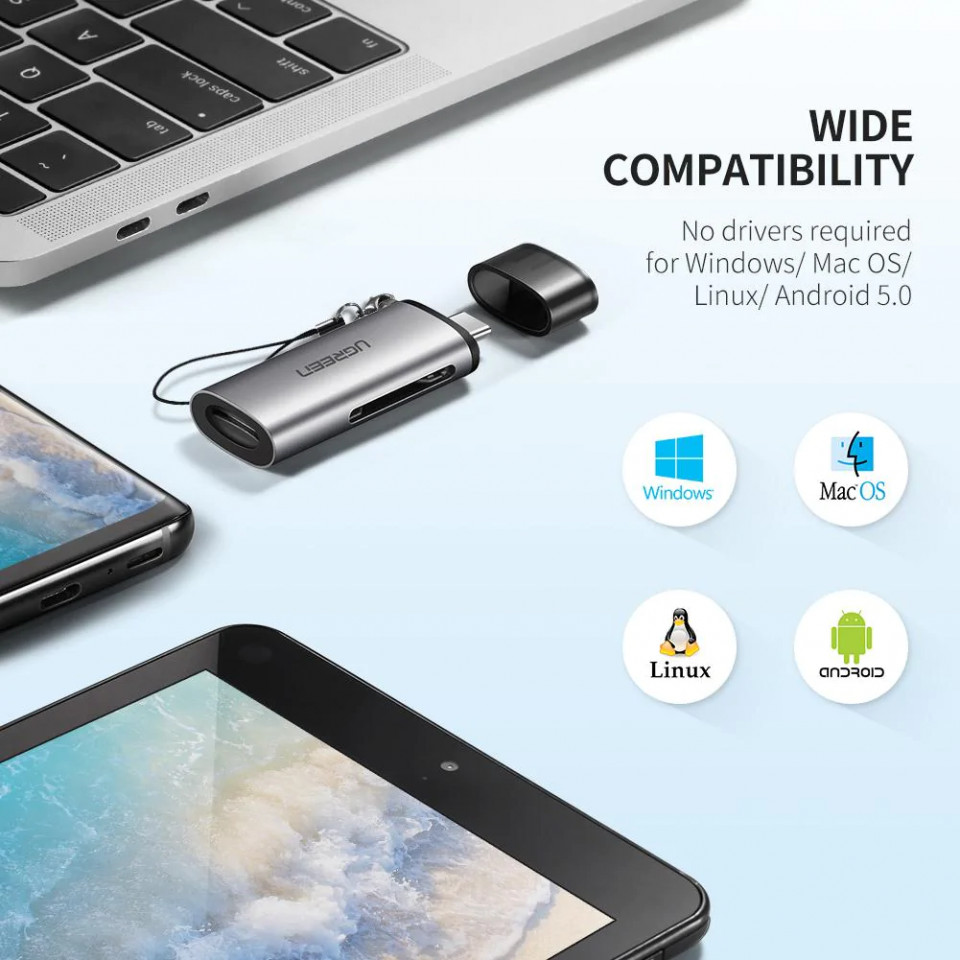 Card reader USB-C la MicroSD, SD 3.0, slot de card, 5Gbps, Ugreen (50704) - Grei - 1 | YEO