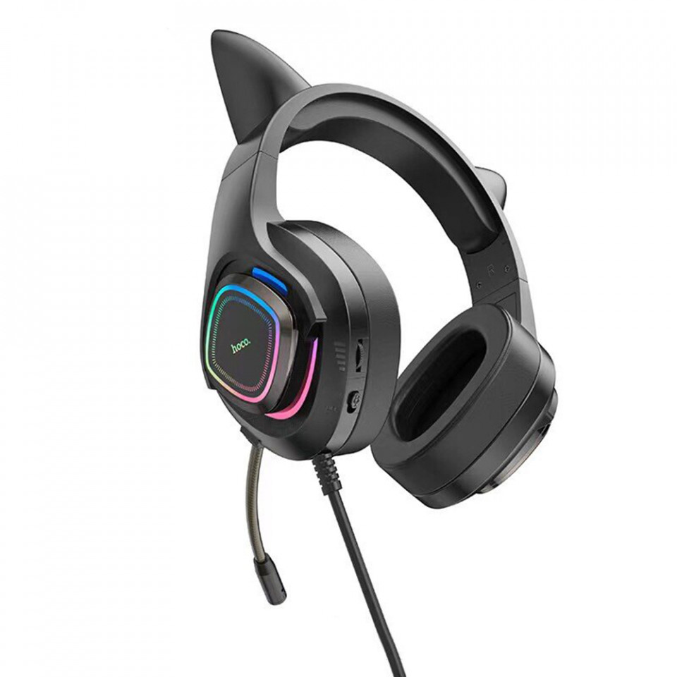 Casti Gaming Jack 3.5mm cu LED si Microfon, Hoco Cat Ears - Negru / Verde - 1 | YEO