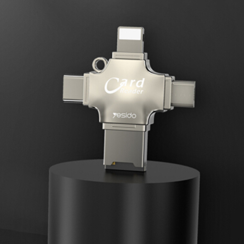 Cititor de Carduri MicroSD + Adaptor USB, Type-C, Lightning, Micro-USB, Yesido (GS13) - Silver - 1 | YEO