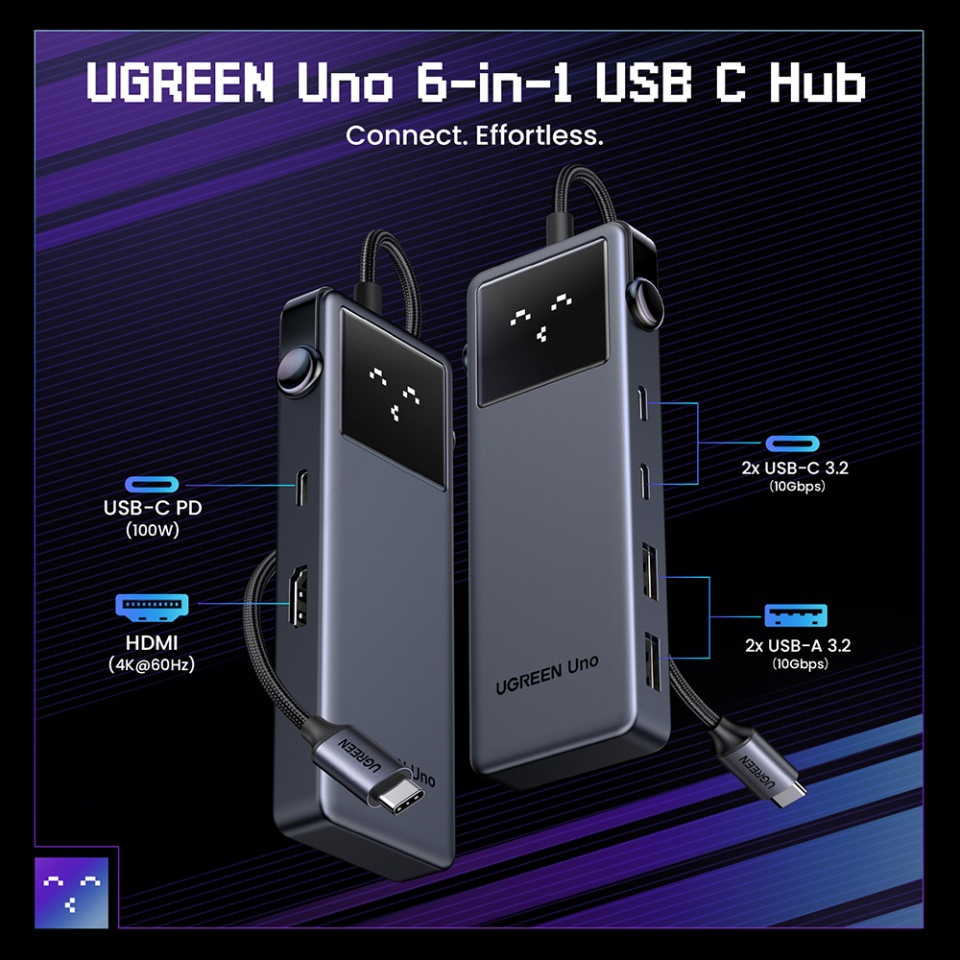 Docking Station 6in1 Type-C la 2x USB, 2x Type-C, HDMI, 10GB/s, 4K, 100W, SD/TF, Display LED, Ugreen CM888, Negru - 2 | YEO