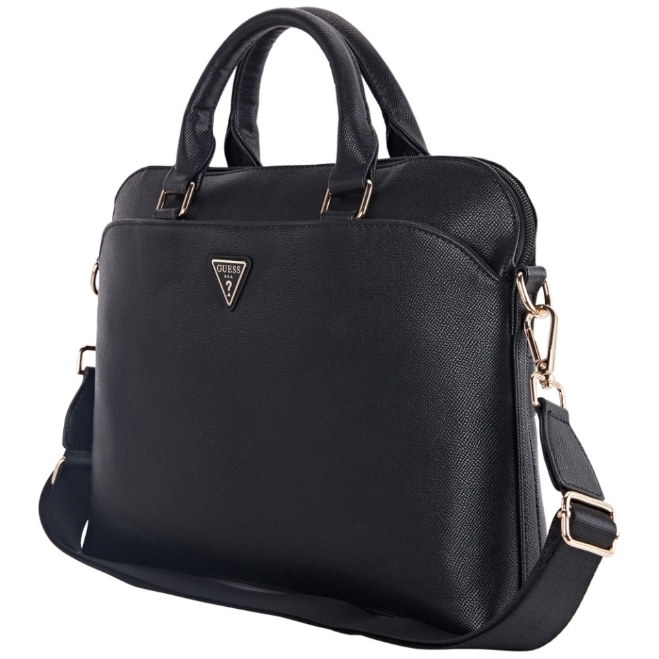 Geanta Laptop Dispozitive 15 inch, Grained Triangle Logo, Piele Ecologica, Curea Ajustabila, Guess, Negru
