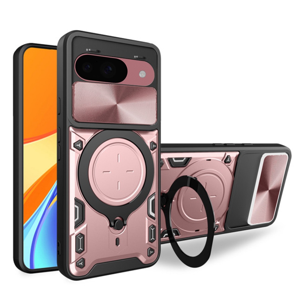 Husa pentru Google Pixel 9 / Pixel 9 Pro, cu inel magnetic si suport ajustabil, protectie completa camera, SKDR SafeCover - Roz auriu