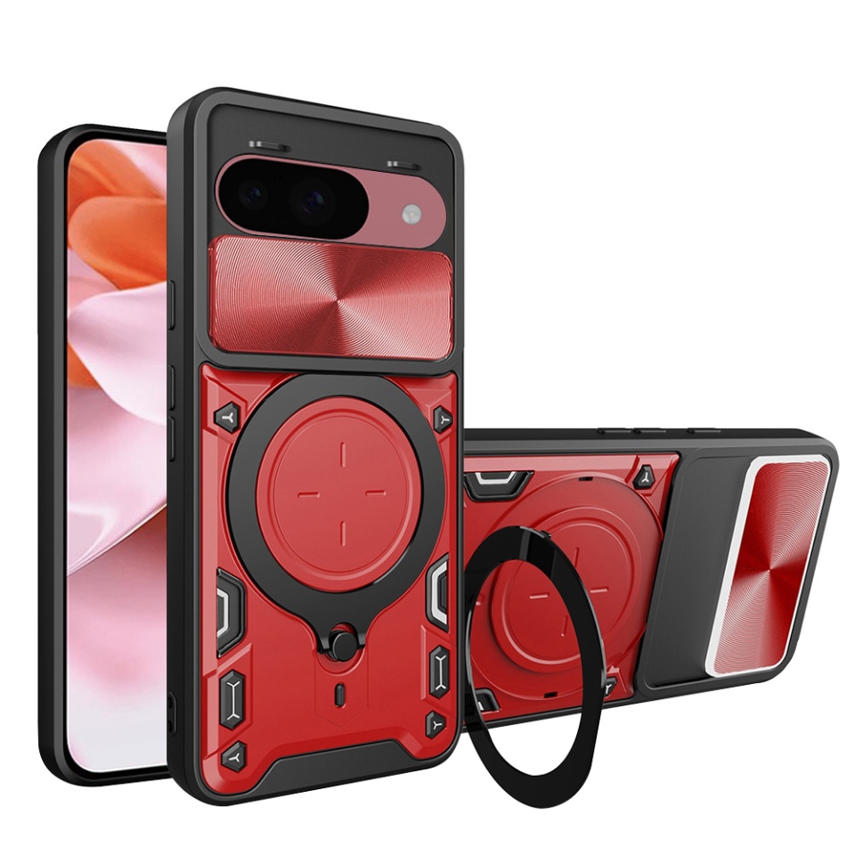 Husa pentru Google Pixel 9 / Pixel 9 Pro, SKYDDAR INNOVATION, CamGuard Pro, Inel Magnetic, Protectie Camera, set cu sticker, Rosu