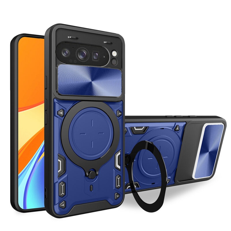 Husa pentru Google Pixel 9 Pro XL, cu inel magnetic si suport ajustabil, protectie completa camera, SKDR SafeCover - Albastru