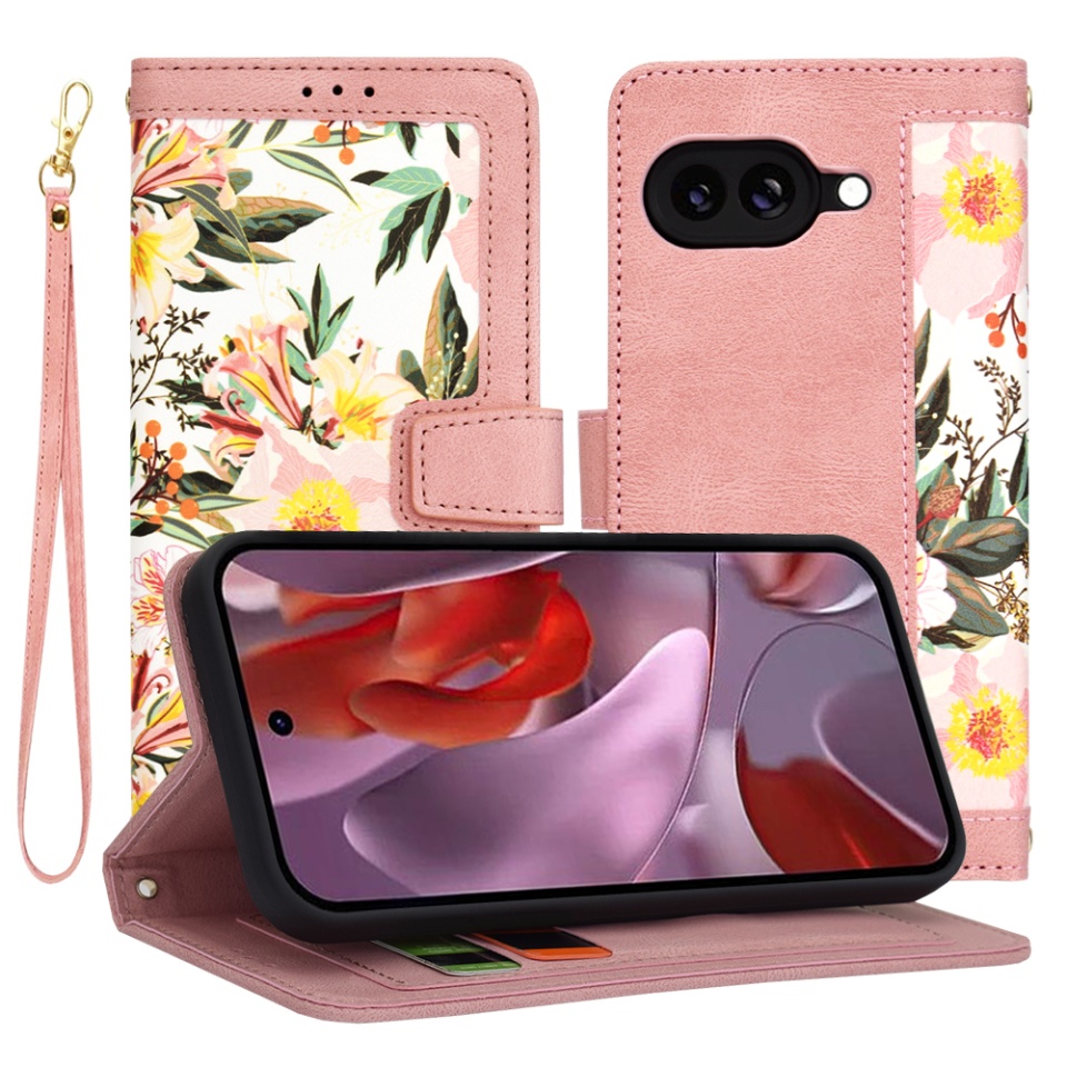 Husa pentru Google Pixel 9a din Piele Ecologică cu Design Floral, Protecție 360°, Stand Integrat, Buzunare pentru Carduri, SKDR Floral Wallet - Roz