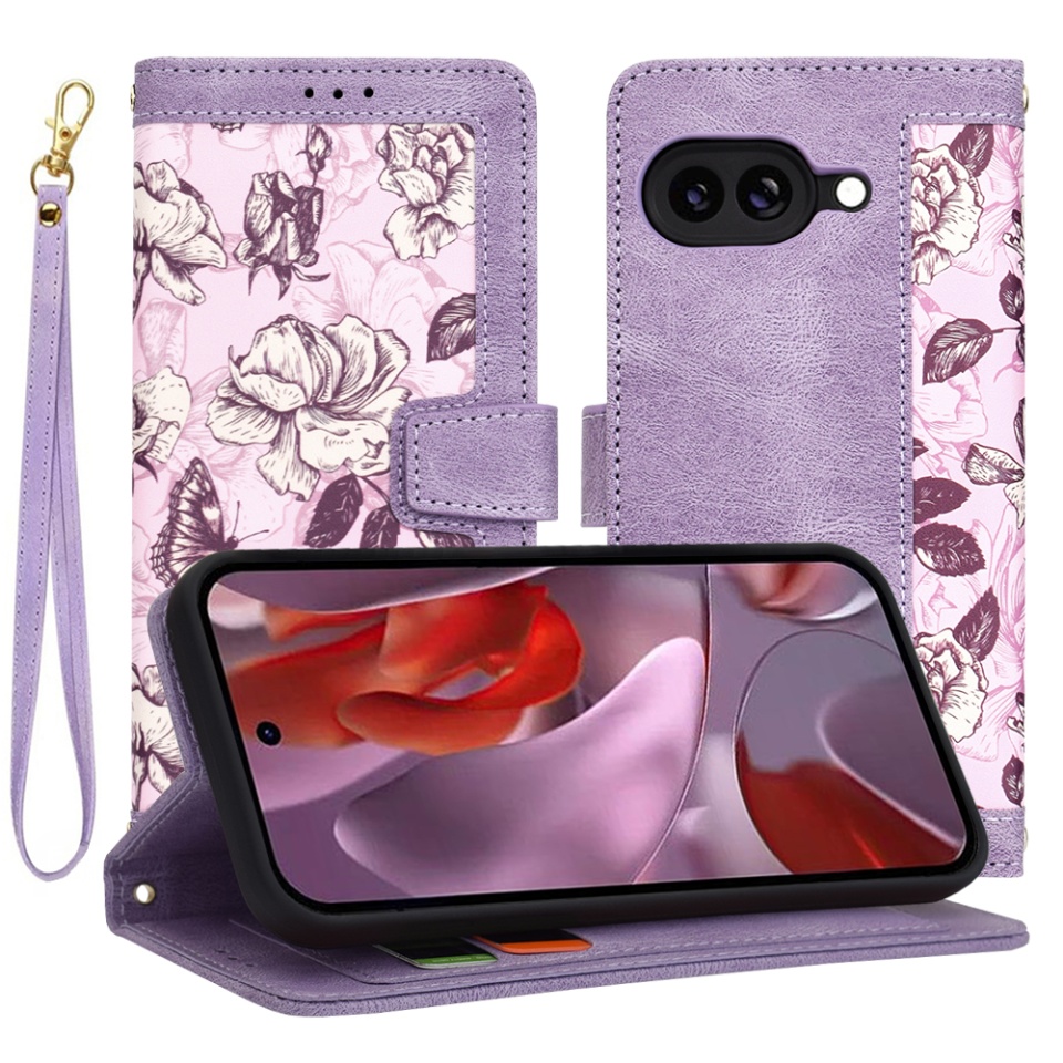 Husa pentru Google Pixel 9a din Piele Ecologică cu Design Floral, Protecție 360°, Stand Integrat, Buzunare pentru Carduri, SKDR Floral Wallet - Mov