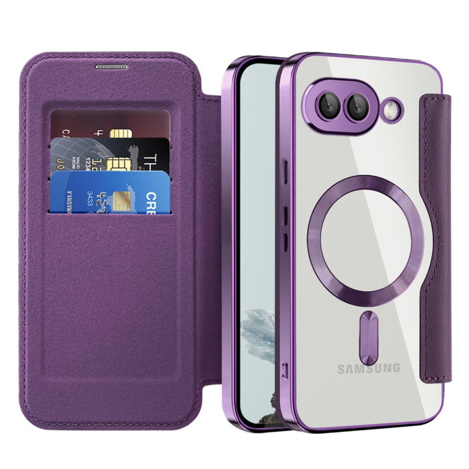 Husa pentru Google Pixel 9a tip carte, SKYDDAR INOVATION, SmartMag Book, Magsafe, RFiD, Suport Carduri, set cu sticker, Mov