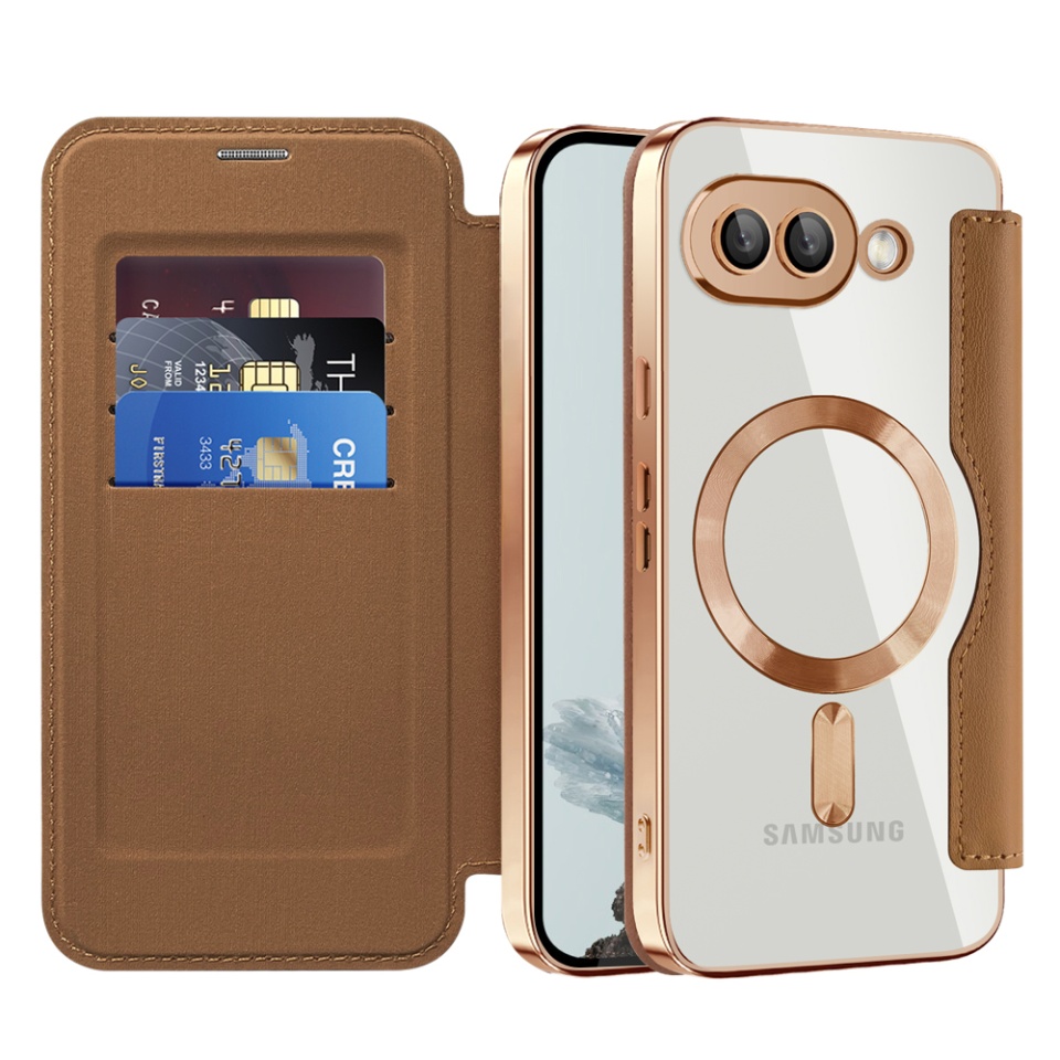 Husa pentru Google Pixel 9a tip carte, SKYDDAR INOVATION, SmartMag Book, Magsafe, RFiD, Suport Carduri, set cu sticker, Maro