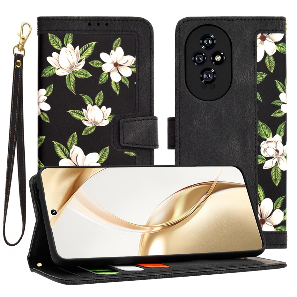 Husa pentru Honor 200 din Piele Ecologică cu Design Floral, Protecție 360°, Stand Integrat, Buzunare pentru Carduri, SKDR Floral Wallet - Negru