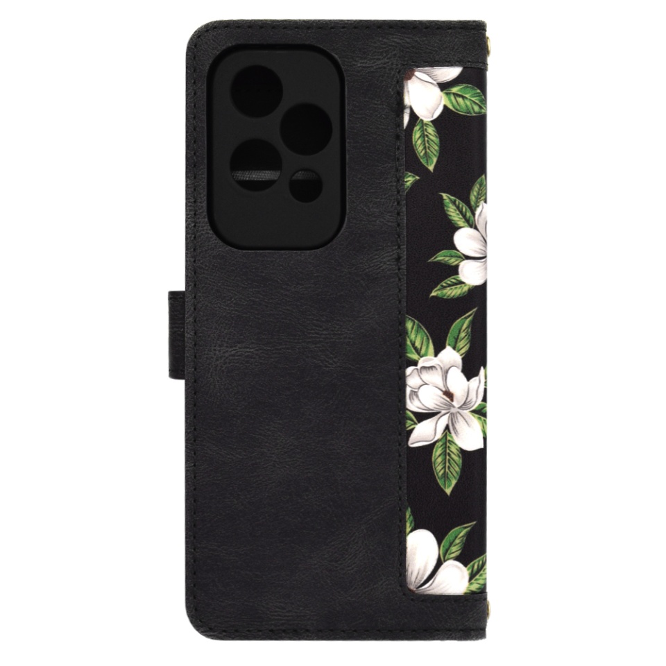 Husa pentru Honor 200 Lite din Piele Ecologică cu Design Floral, Protecție 360°, Stand Integrat, Buzunare pentru Carduri, SKDR Floral Wallet - Negru - 2 | YEO
