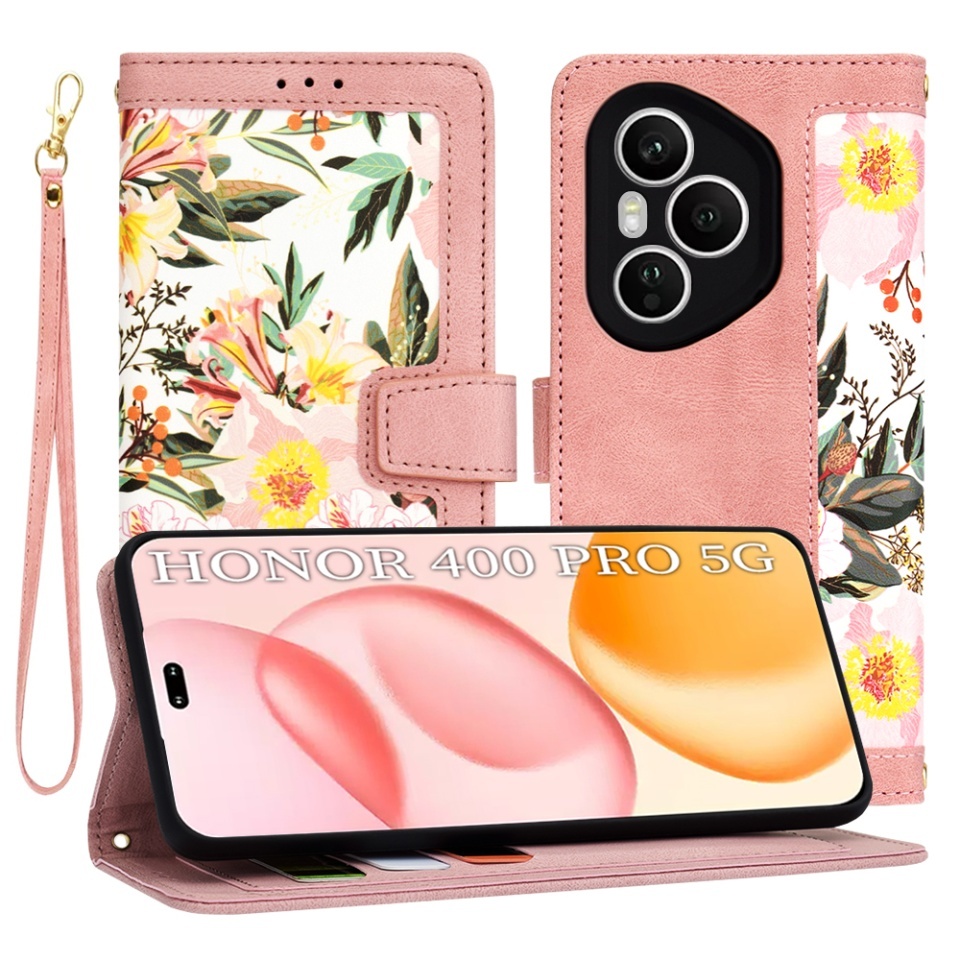 Husa pentru Honor 400 Pro, SKYDDAR INNOVATION, Flipcraft din Piele Ecologică, Stand Integrat, Buzunare pentru Carduri, set cu sticker, Roz