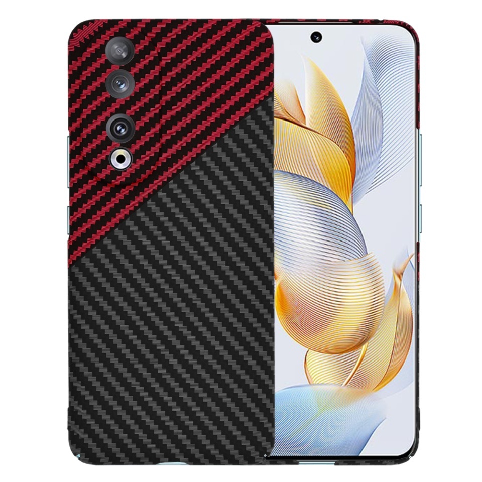 Husa pentru Honor 90, SKYDDAR INNOVATION, textura carbon, Carbonite FiberShell, set cu sticker, Rosu inchis,
