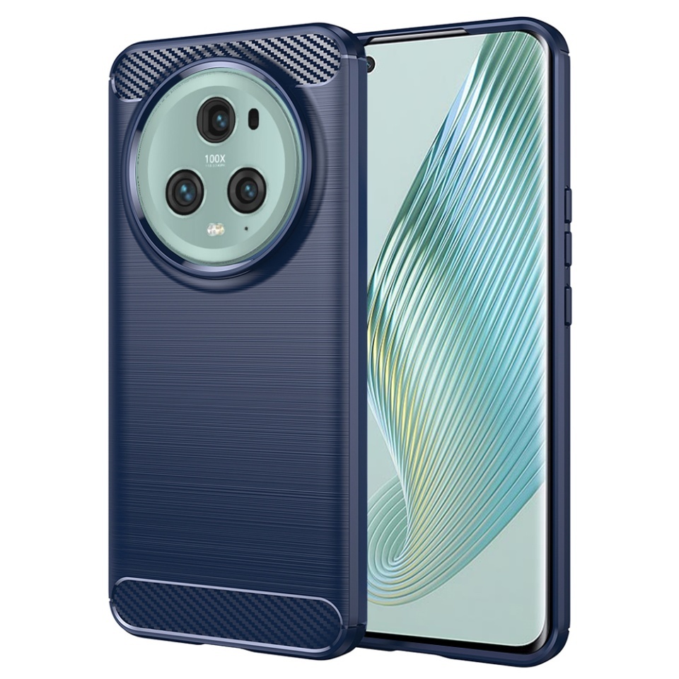 Husa pentru Honor Magic5 Pro, SKYDDAR INNOVATION, Carbon Silicone, din Silicon Slim, cu textura Fibra Carbon, set cu sticker, Albastru