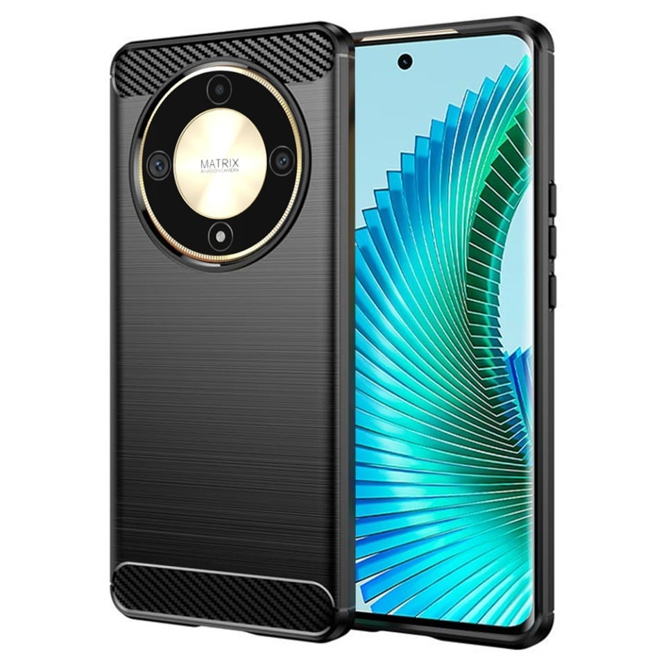 Husa pentru Honor Magic6 Lite, SKYDDAR INNOVATION, Carbon Silicone, din Silicon Slim, cu textura Fibra Carbon, set cu sticker, Negru