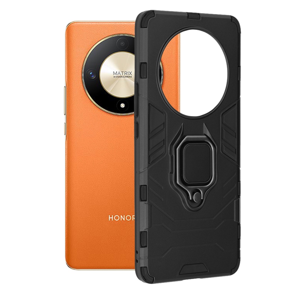 Husa pentru Honor Magic6 Lite, SKYDDAR INNOVATION, Silicone Shield, cu Inel Magnetic, Antisoc, set cu sticker, Negru