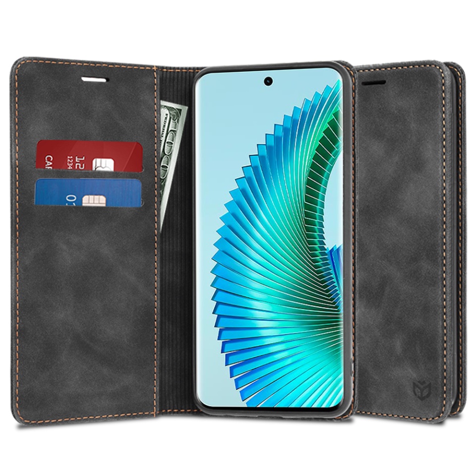 Husa pentru Honor Magic6 Lite, SKYDDAR INNOVATION, Soft Wallet, tip Carte din piele Eco Premium, cu Portofel Interior, Negru, set cu sticker