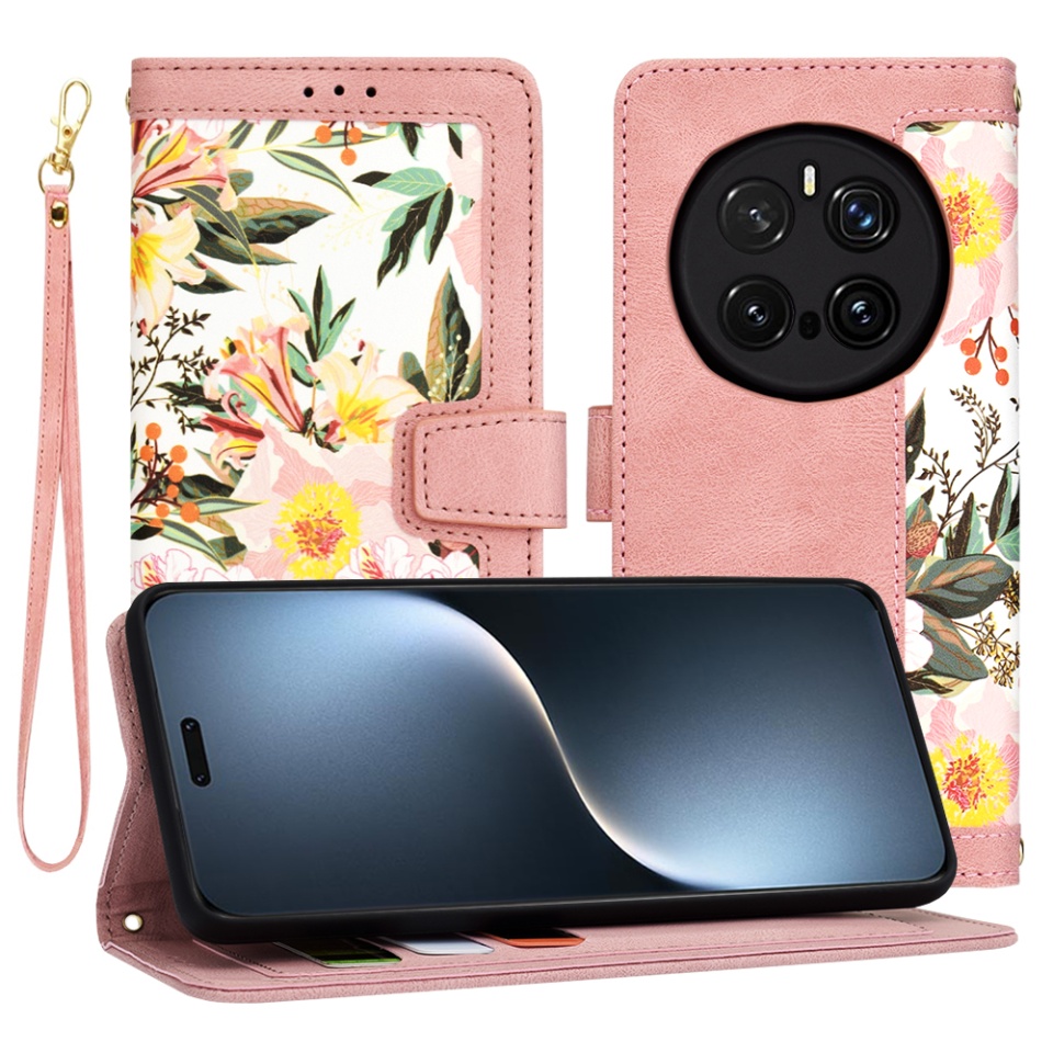 Husa pentru Honor Magic7 Pro din Piele Ecologică cu Design Floral, Protecție 360°, Stand Integrat, Buzunare pentru Carduri, SKDR Floral Wallet - Roz
