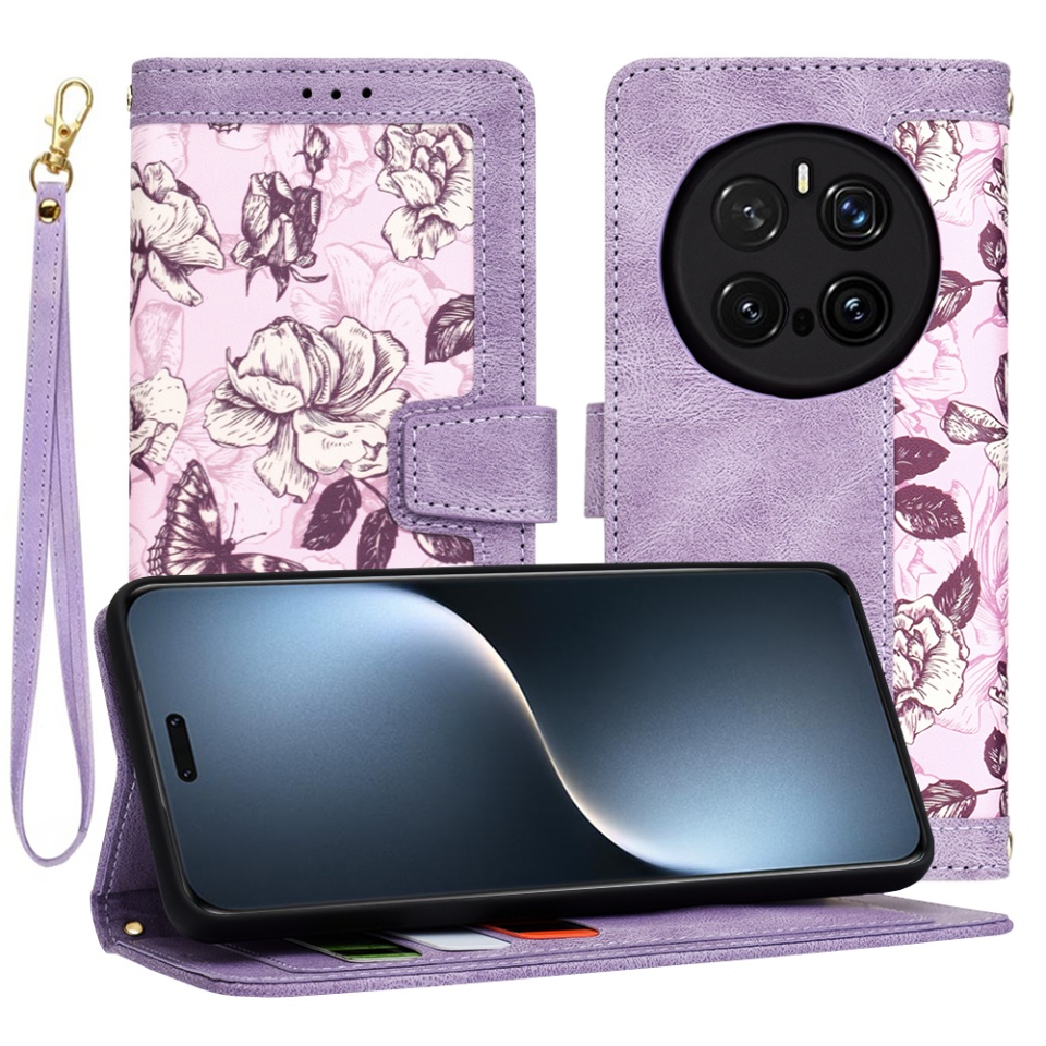 Husa pentru Honor Magic7 Pro din Piele Ecologică cu Design Floral, Protecție 360°, Stand Integrat, Buzunare pentru Carduri, SKDR Floral Wallet - Mov