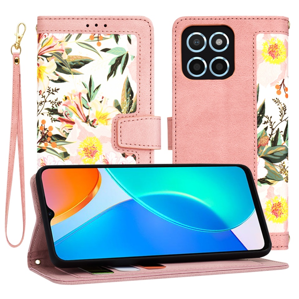 Husa pentru Honor X6 / X8 5G / 70 Lite din Piele Ecologică cu Design Floral, Protecție 360°, Stand Integrat, Buzunare pentru Carduri, SKDR Floral Wallet - Roz