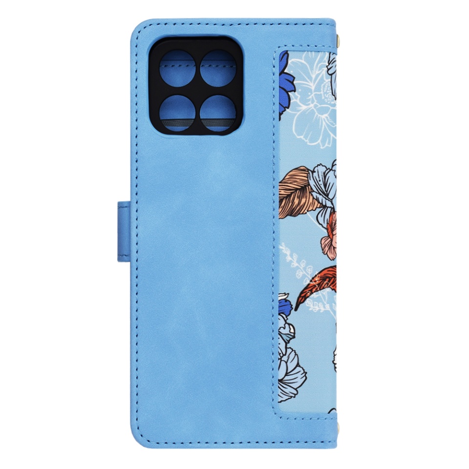 Husa pentru Honor X6 / X8 5G / 70 Lite din Piele Ecologică cu Design Floral, Protecție 360°, Stand Integrat, Buzunare pentru Carduri, SKDR Floral Wallet - Bleu - 3 | YEO