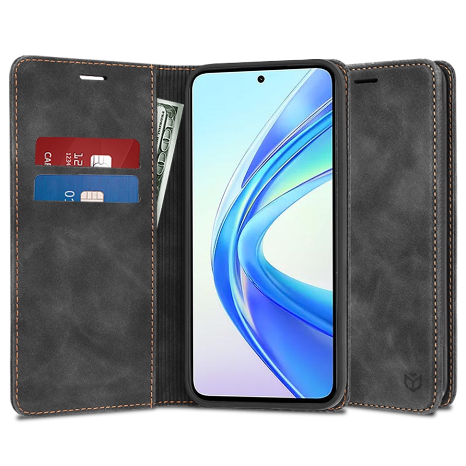 Husa pentru Honor X7b / 90 Smart / X7b 5G, SKYDDAR INNOVATION, Soft Wallet, tip Carte din piele Eco Premium, cu Portofel Interior, Negru, set cu sticker