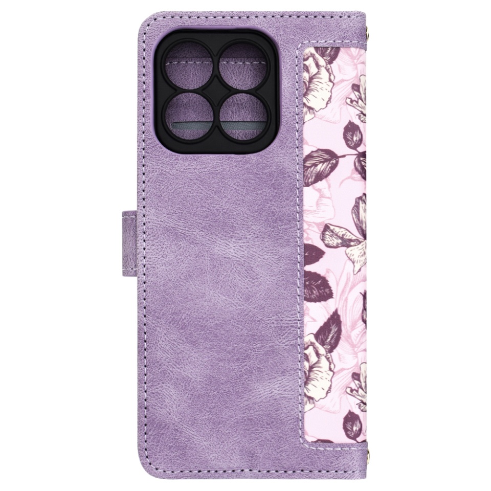 Husa pentru Honor X8b din Piele Ecologică cu Design Floral, Protecție 360°, Stand Integrat, Buzunare pentru Carduri, SKDR Floral Wallet - Mov - 1 | YEO