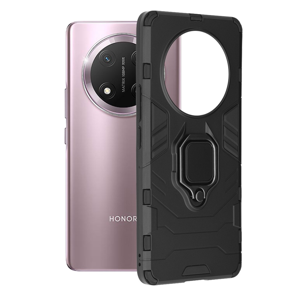 Husa pentru Honor X9c / Magic7 Lite, SKYDDAR INNOVATION, Silicone Shield, cu Inel Magnetic, Antisoc, set cu sticker, Negru