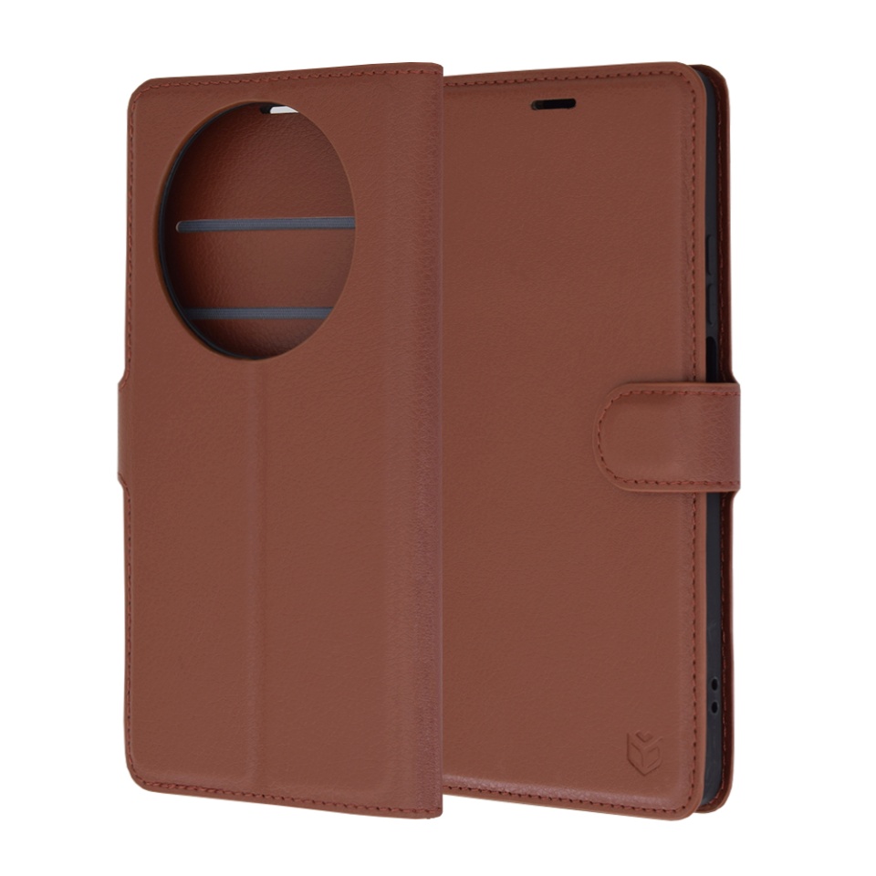 Husa pentru Huawei nova 12i / nova 13i, SKYDDAR INNOVATION, Leather Folio tip Carte, cu Portofel Interior, Finisaje Premium, set cu sticker, Maro - 1 | YEO