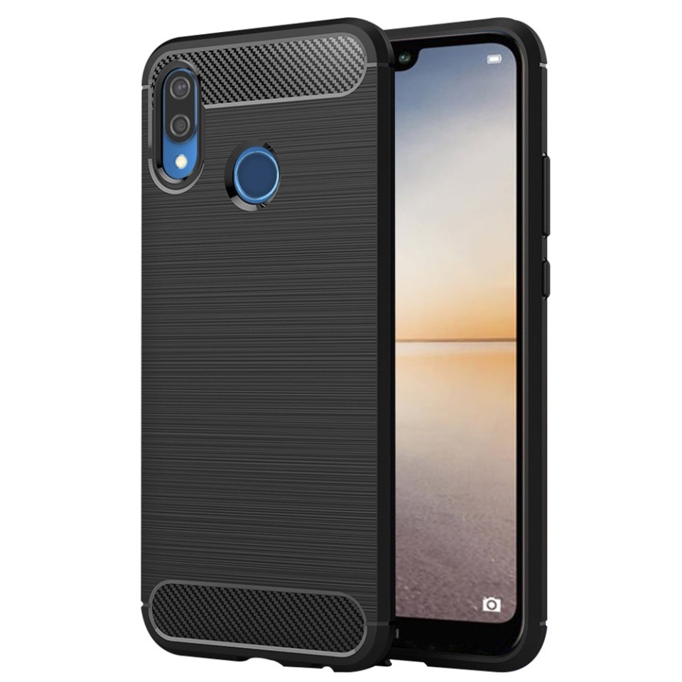 Husa pentru Huawei P20 Lite, SKYDDAR INNOVATION, Carbon Silicone, din Silicon Slim, cu textura Fibra Carbon, set cu sticker, Negru