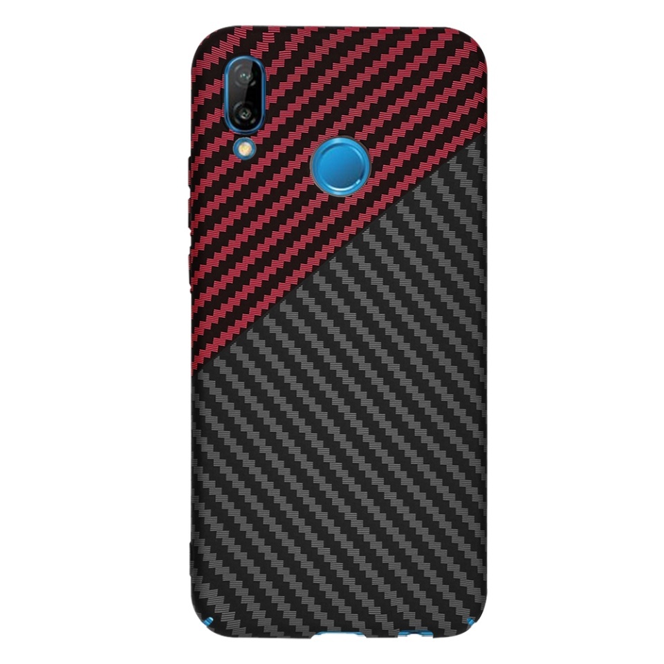 Husa pentru Huawei P20 Lite, SKYDDAR INNOVATION, textura carbon, Carbonite FiberShell, set cu sticker, Rosu inchis, - 2 | YEO