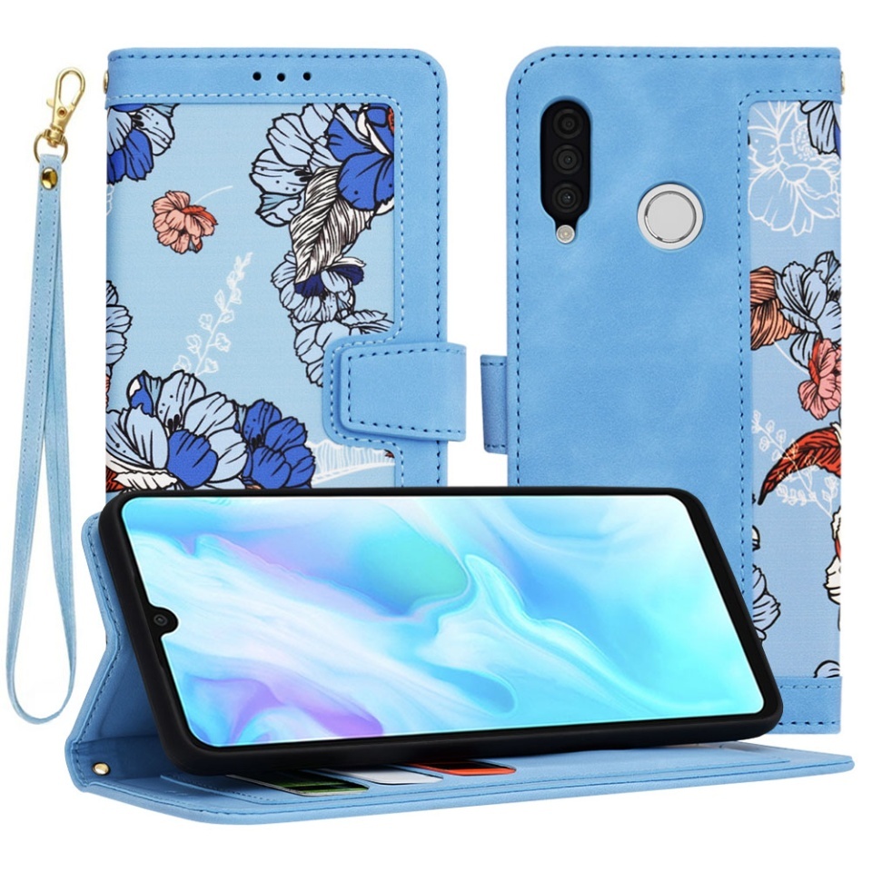Husa pentru Huawei P30 Lite / P30 Lite New Edition, SKYDDAR INNOVATION, Flipcraft din Piele Ecologică, Stand Integrat, Buzunare pentru Carduri, set cu sticker, Bleu