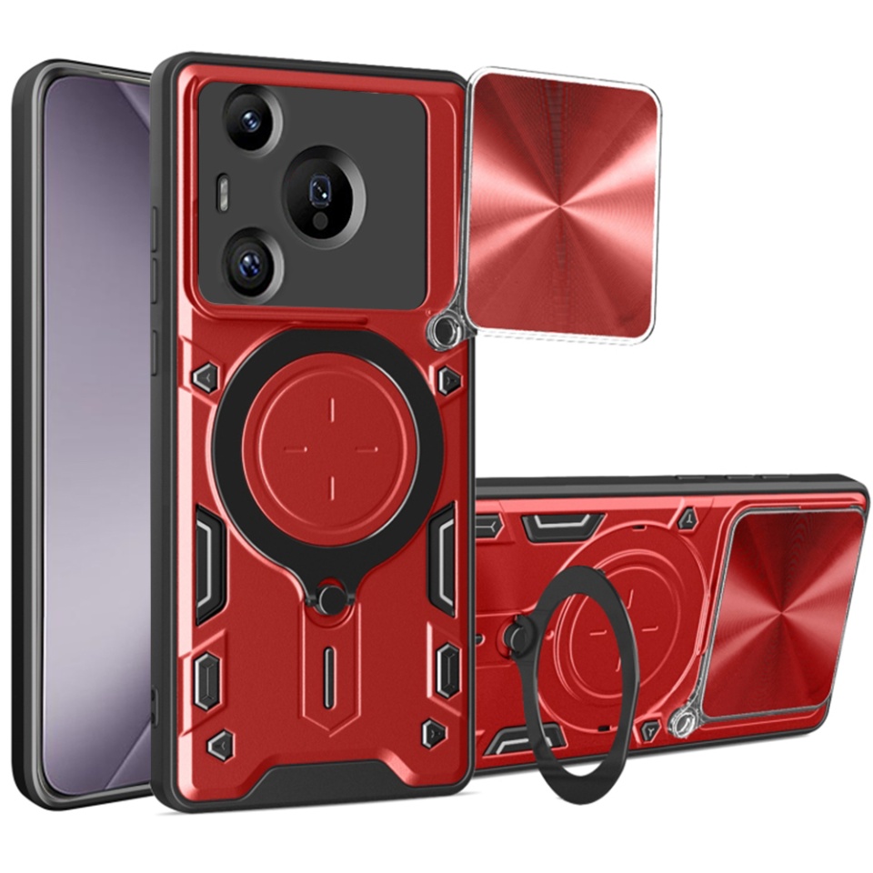 Husa pentru Huawei Pura 70 Pro, SKYDDAR INNOVATION, CamGuard Pro, Inel Magnetic, Protectie Camera, set cu sticker, Rosu