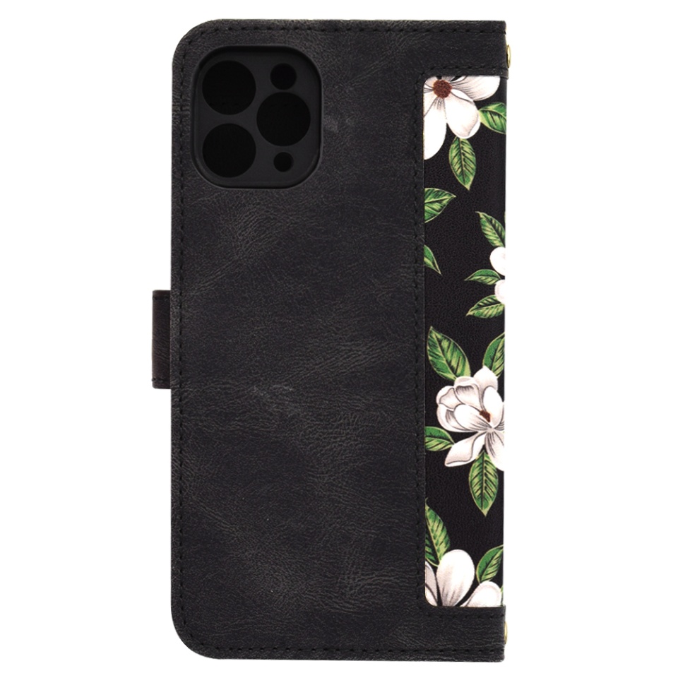 Husa pentru iPhone 11 Pro din Piele Ecologică cu Design Floral, Protecție 360°, Stand Integrat, Buzunare pentru Carduri, SKDR Floral Wallet - Negru - 2 | YEO