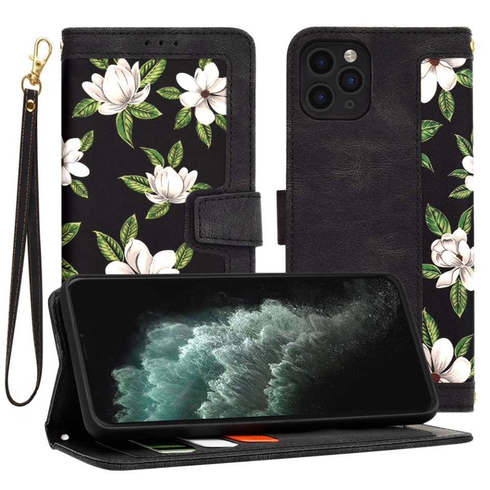 Husa pentru iPhone 11 Pro Max din Piele Ecologică cu Design Floral, Protecție 360°, Stand Integrat, Buzunare pentru Carduri, SKDR Floral Wallet - Negru