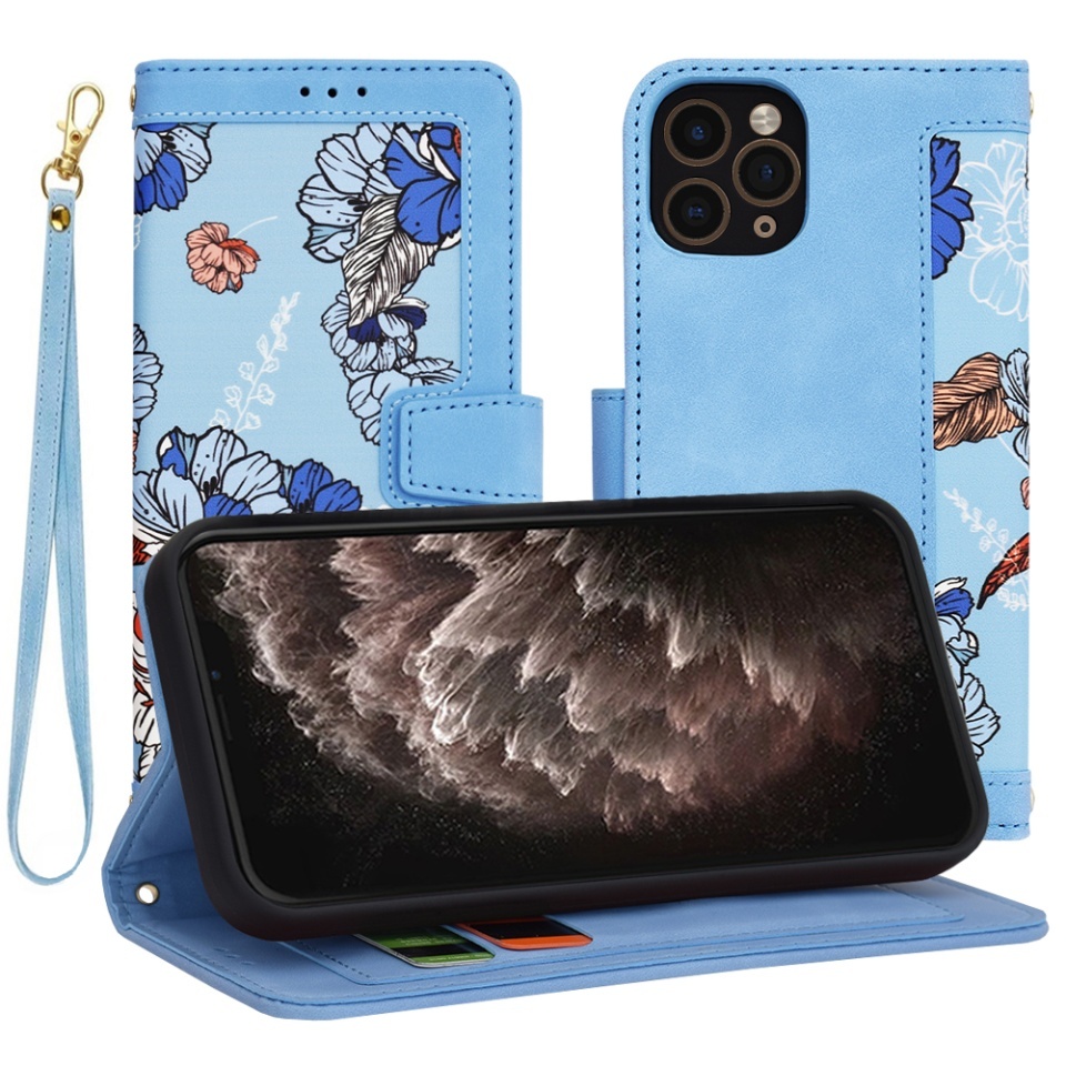 Husa pentru iPhone 11 Pro, SKYDDAR INNOVATION, Flipcraft din Piele Ecologică, Stand Integrat, Buzunare pentru Carduri, set cu sticker, Bleu