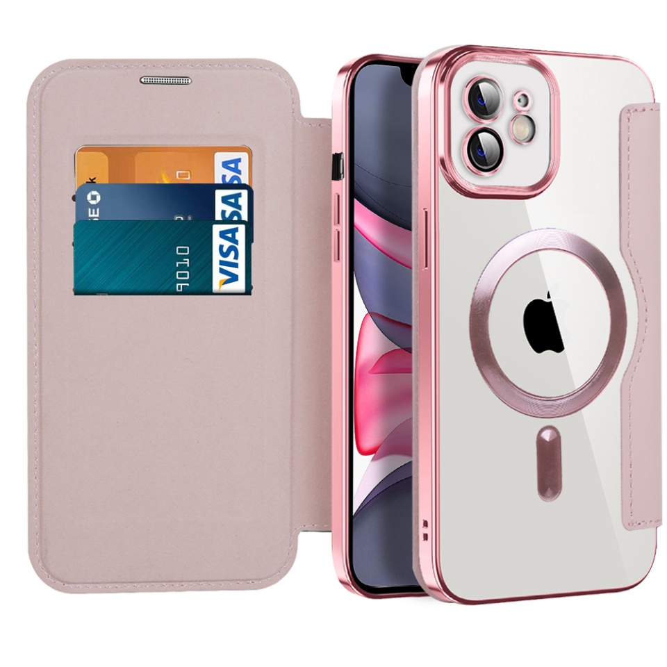 Husa pentru iPhone 11 tip carte, SKYDDAR INOVATION, SmartMag Book, Magsafe, RFiD, Suport Carduri, set cu sticker, Roz