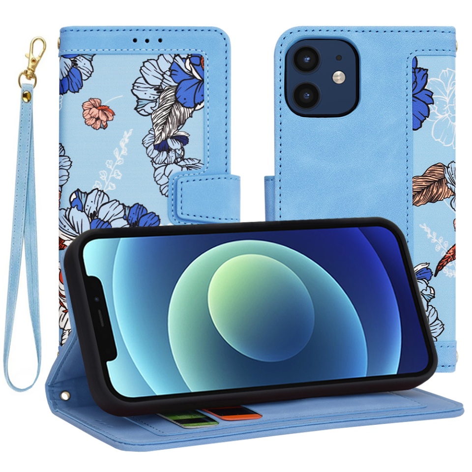 Husa pentru iPhone 12 / 12 Pro din Piele Ecologică cu Design Floral, Protecție 360°, Stand Integrat, Buzunare pentru Carduri, SKDR Floral Wallet - Bleu