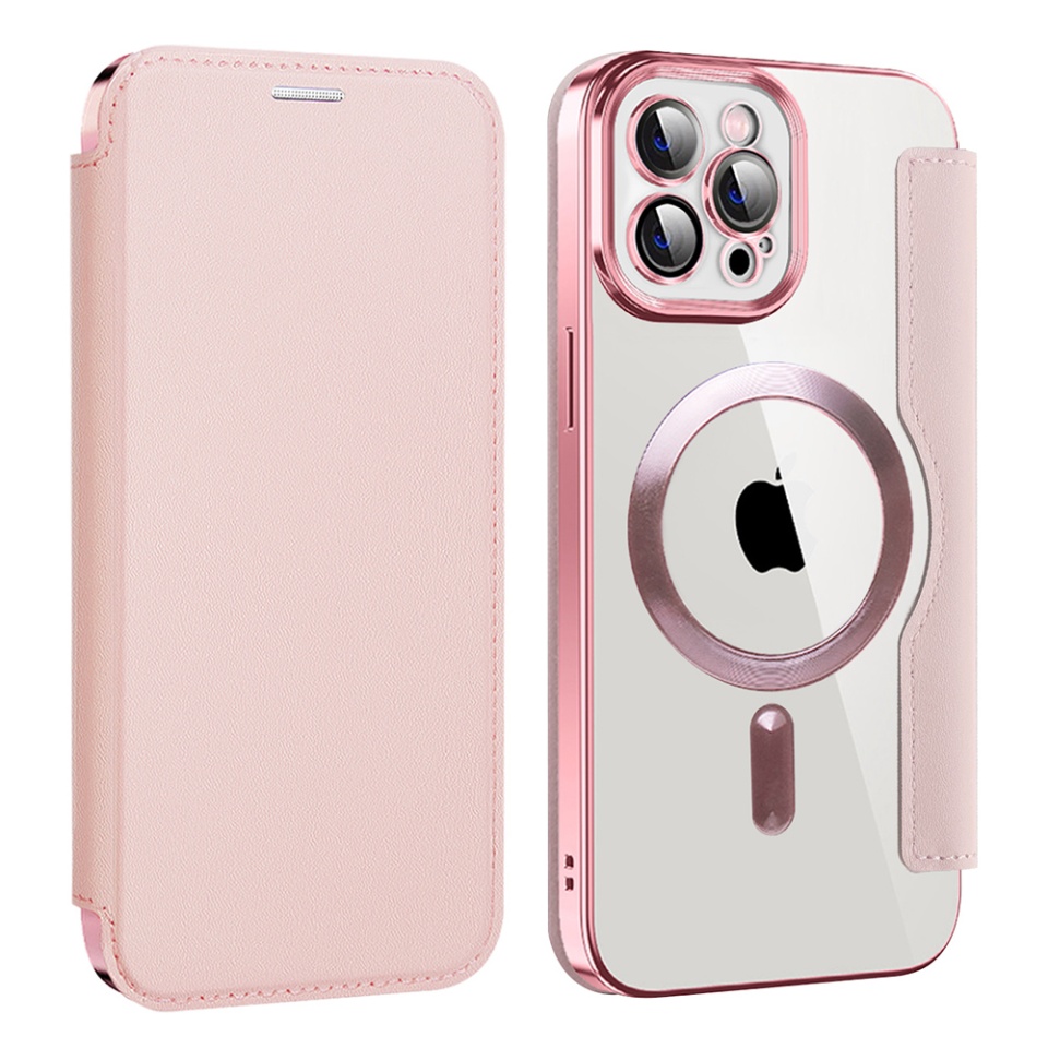 Husa pentru iPhone 12 Pro Max tip carte, SKYDDAR INOVATION, SmartMag Book, Magsafe, RFiD, Suport Carduri, set cu sticker, Roz - 1 | YEO
