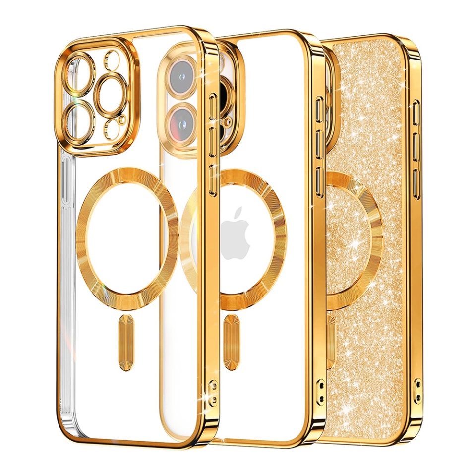 Husa pentru iPhone 12 Pro, SKYDDAR INNOVATION, Luxury Glitter Magsafe, Antisoc, Fundal Detasabil 2-in-1, Protectie Superioara, Margini Ridicate, Auriu, set cu sticker