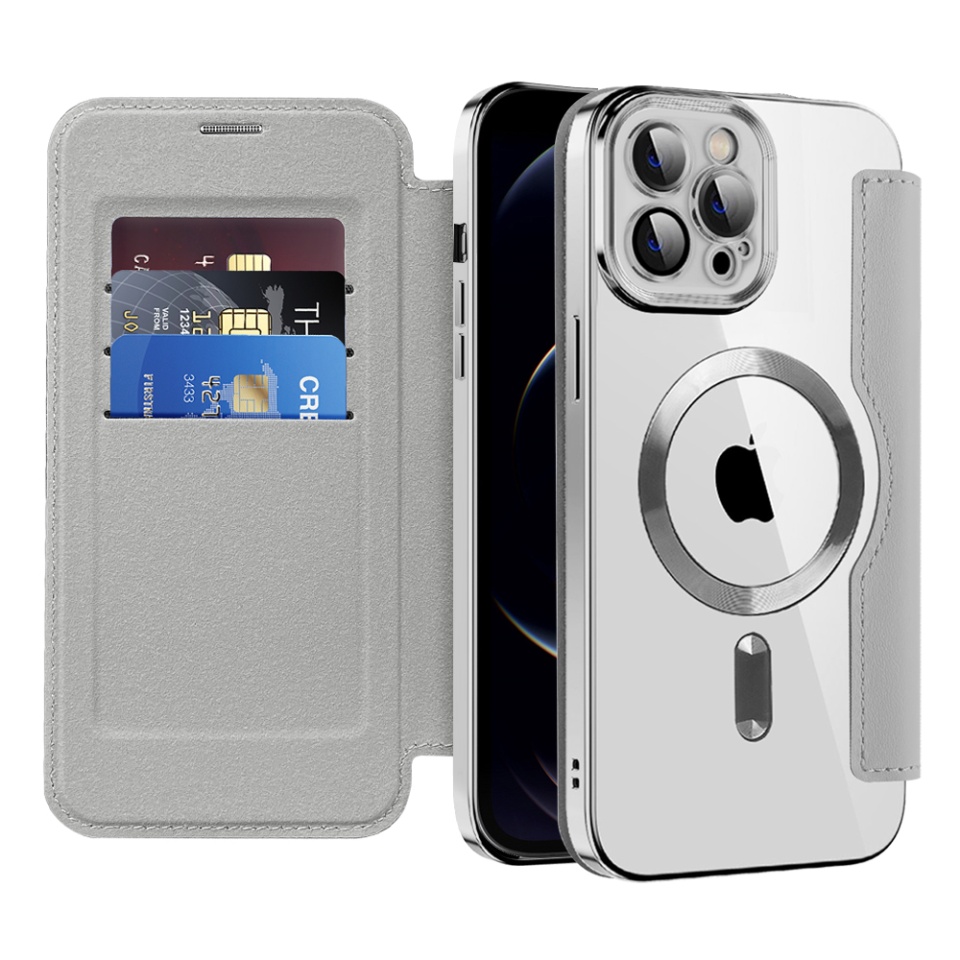 Husa pentru iPhone 12 Pro tip carte, SKYDDAR INOVATION, SmartMag Book, Magsafe, RFiD, Suport Carduri, set cu sticker, Gri