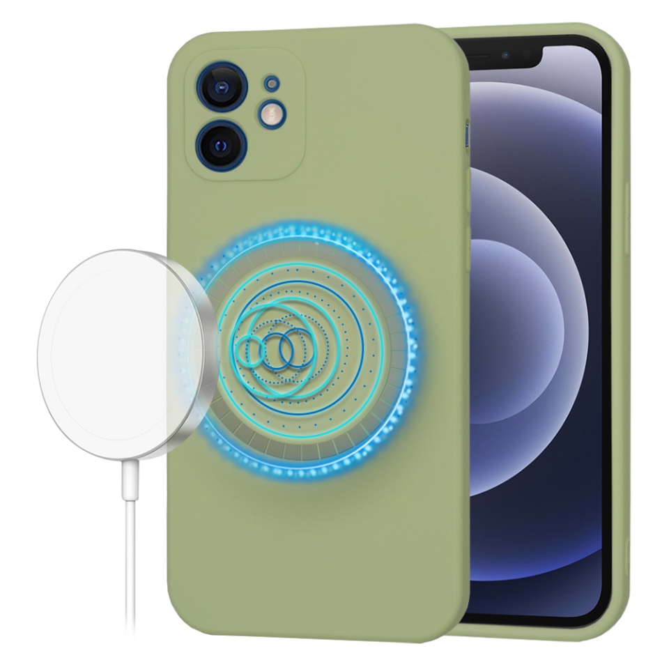 Husa pentru iPhone 12, SKYDDAR INNOVATION, din Silicon Catifelat, SoftFlex Magsafe, set cu sticker, Verde