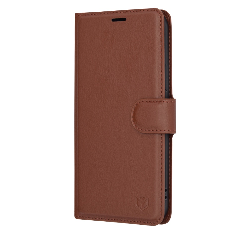 Husa pentru iPhone 12, SKYDDAR INNOVATION, Leather Folio tip Carte, cu Portofel Interior, Finisaje Premium, set cu sticker, Maro - 3 | YEO