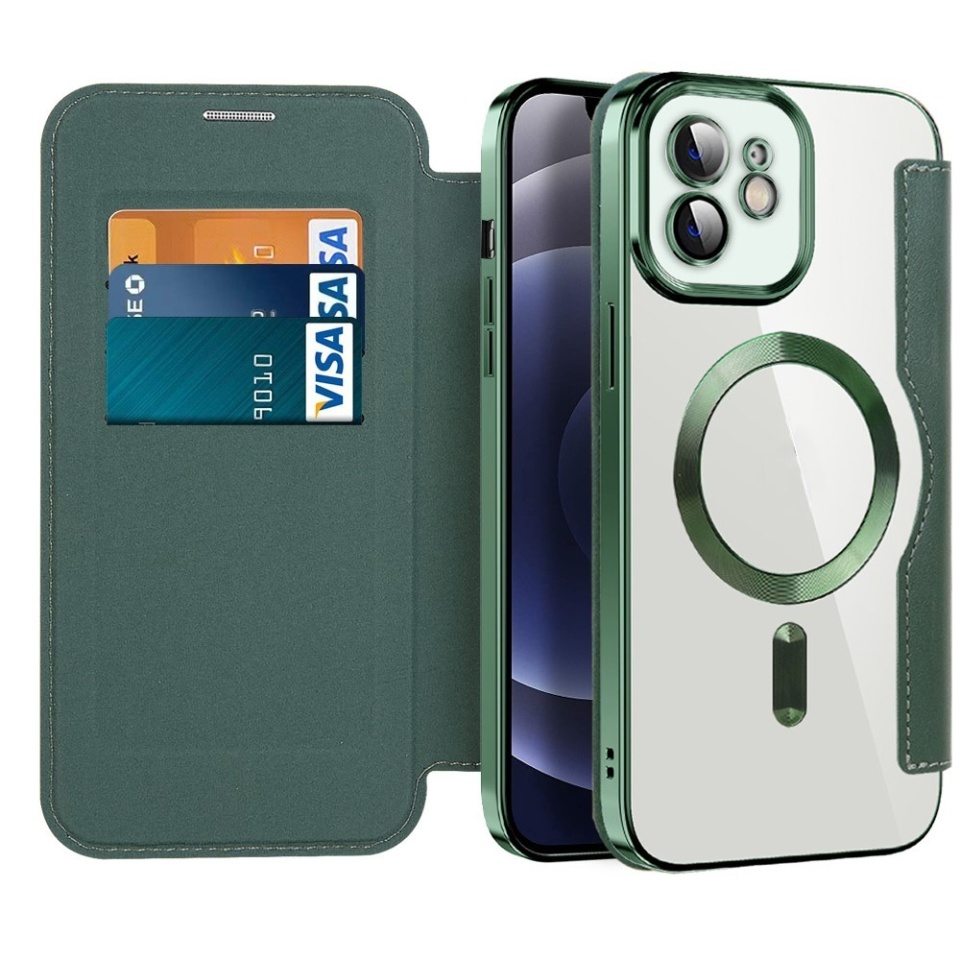Husa pentru iPhone 12 tip carte, SKYDDAR INOVATION, SmartMag Book, Magsafe, RFiD, Suport Carduri, set cu sticker, Verde