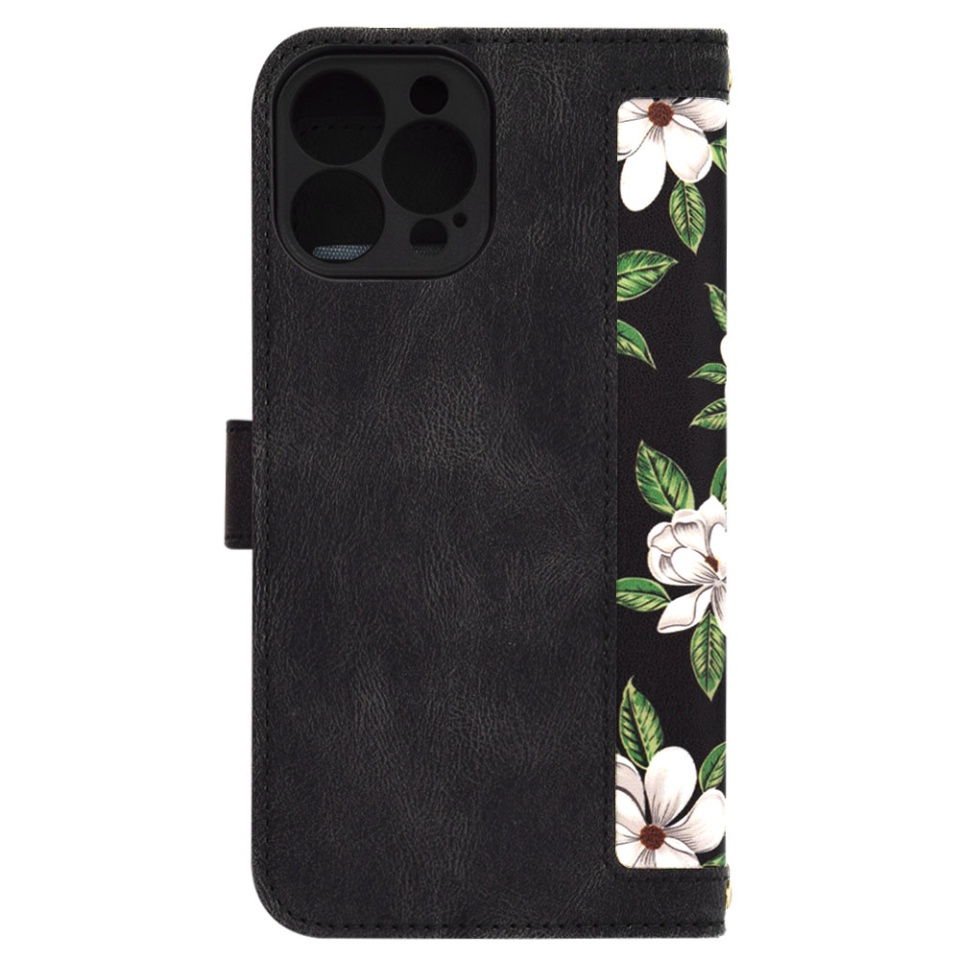 Husa pentru iPhone 13 Pro Max din Piele Ecologică cu Design Floral, Protecție 360°, Stand Integrat, Buzunare pentru Carduri, SKDR Floral Wallet - Negru - 2 | YEO
