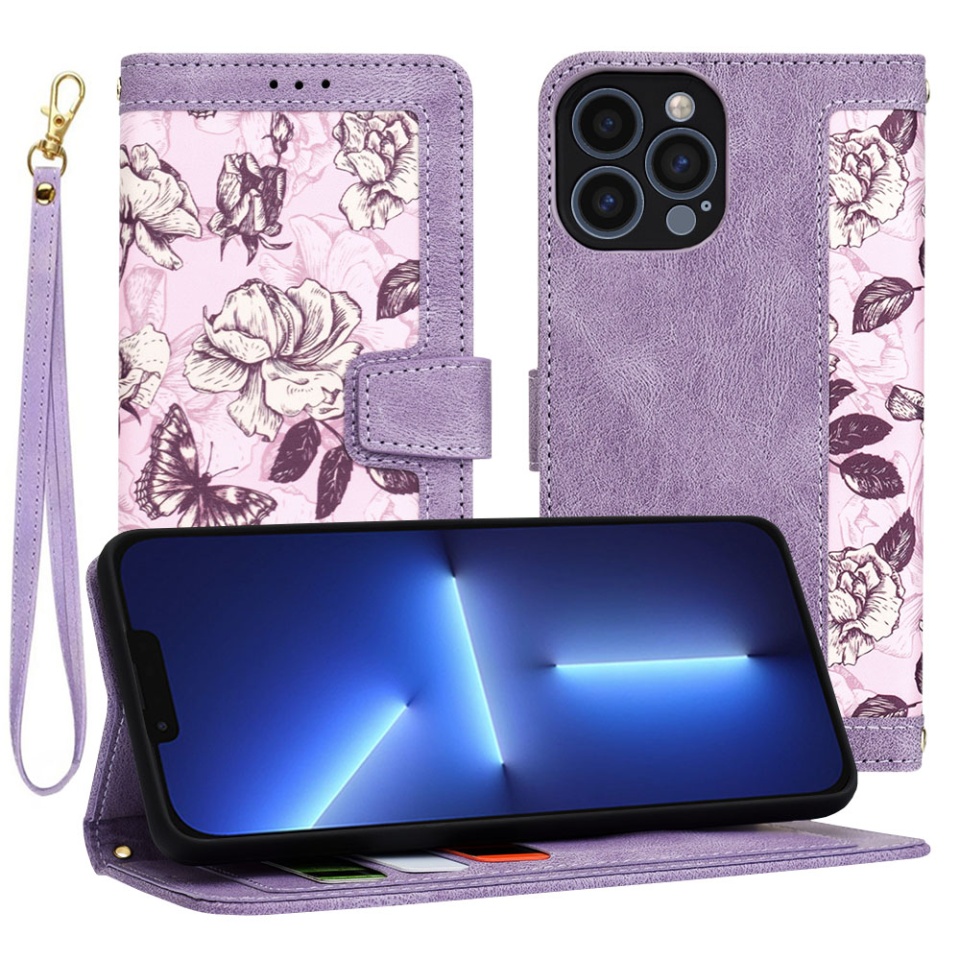 Husa pentru iPhone 13 Pro Max din Piele Ecologică cu Design Floral, Protecție 360°, Stand Integrat, Buzunare pentru Carduri, SKDR Floral Wallet - Mov