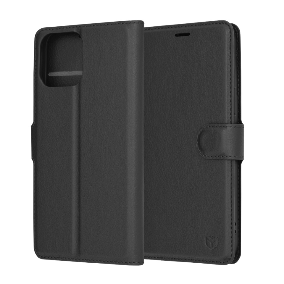 Husa pentru iPhone 13 Pro Max, SKYDDAR INNOVATION, Leather Folio, tip Carte, cu Portofel Interior, Finisaje Premium, Negru, set cu sticker
