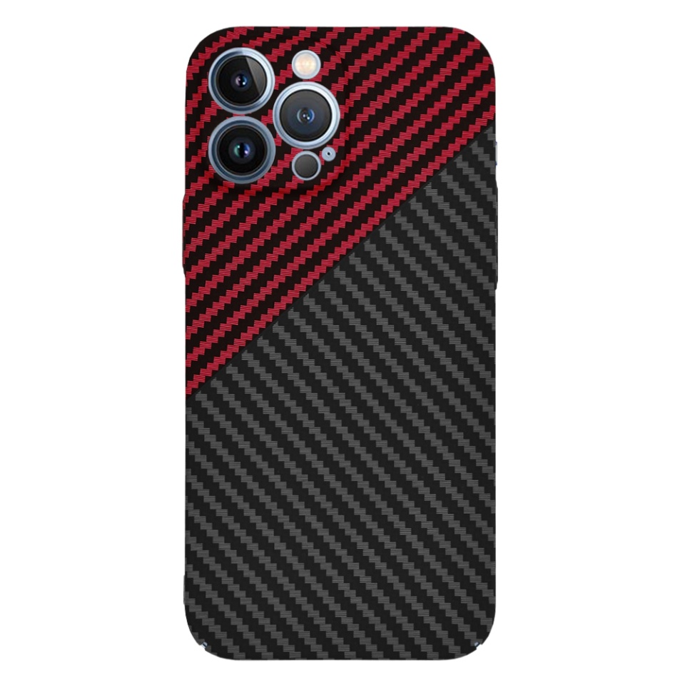 Husa pentru iPhone 13 Pro Max, SKYDDAR INNOVATION, textura carbon, Carbonite FiberShell, Rosu inchis, set cu sticker - 1 | YEO
